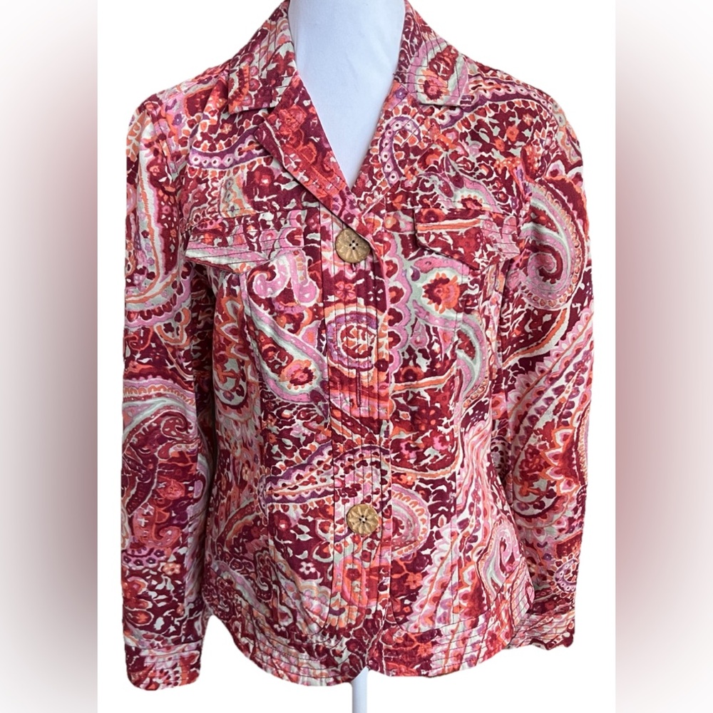 COLDWATER CREEK Pink Orange & Tan Paisley 100% Cotton Jacket Blazer Size 4